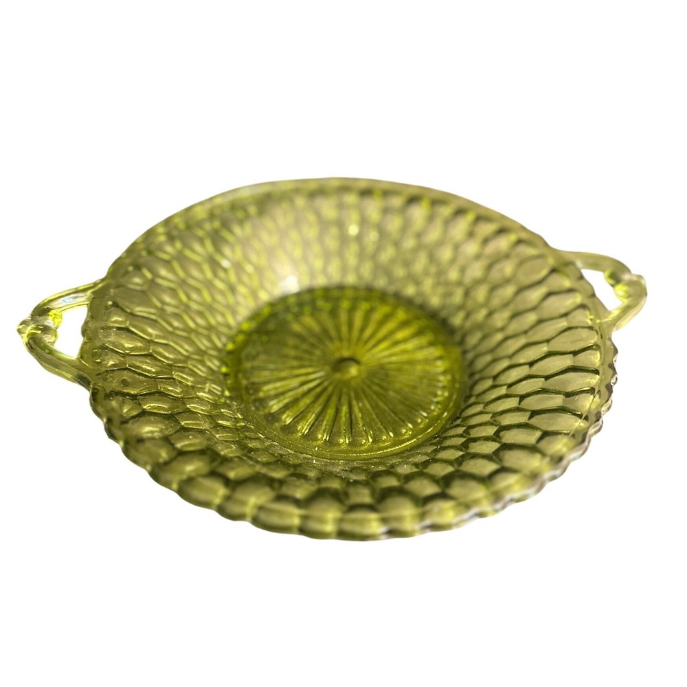 Indiana Glass Honeycomb Double Handle Bowl Set 2 Avocado Green 1960s MCM Dish